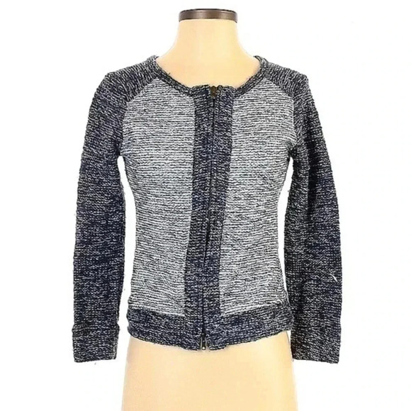 J. Crew Boucle Jacket Zip Cardigan Indigo Blue Grey Color Block  XS X-Small 0 2 - Picture 2 of 4